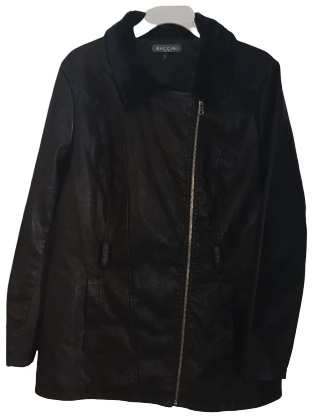 Baccini Womens Black Faux Leather Asymmetrical Zip Coat Size L